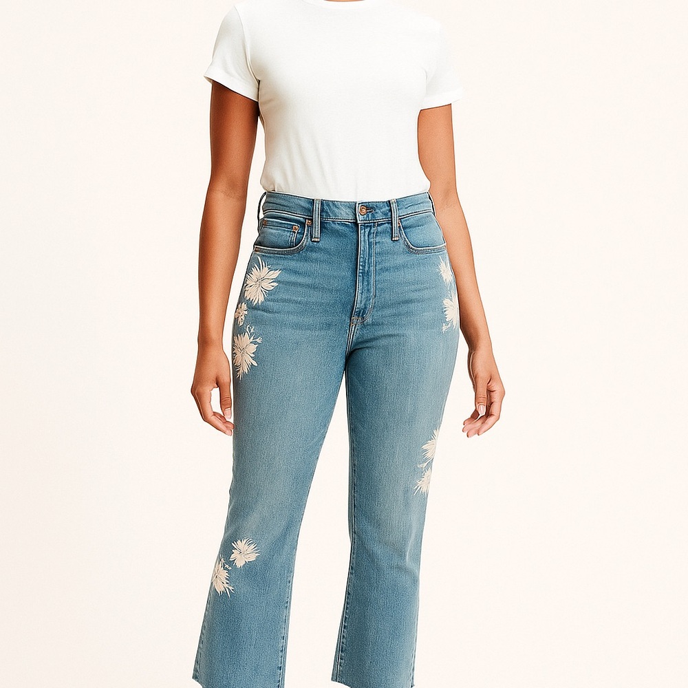 J Crew Point Sur Floral Embroidered Kick Flare Blue Jeans size 31